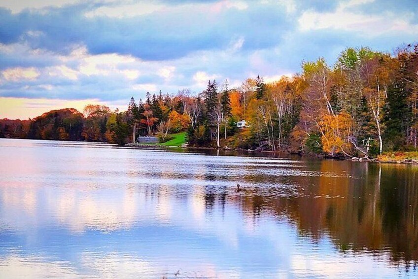 A calm lake with autumn-colored trees and a house on the shore. 3