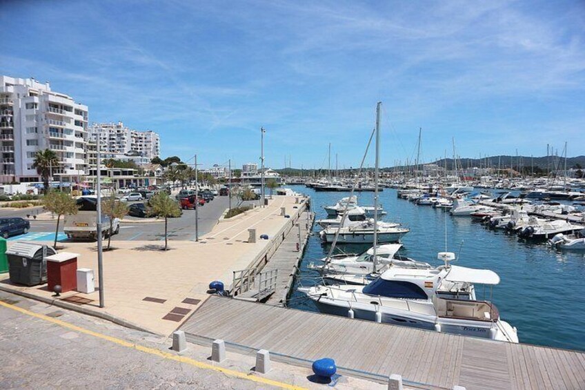 A marina with numerous boats docked, a wooden walkway, and buildings in the background. 3