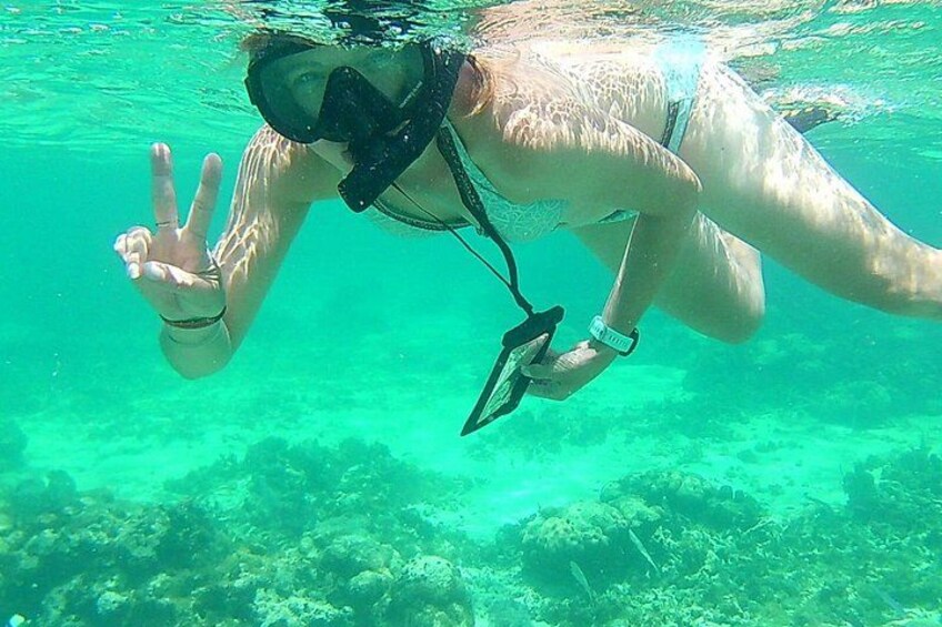A person scuba diving underwater, making a peace sign with their hand. 3