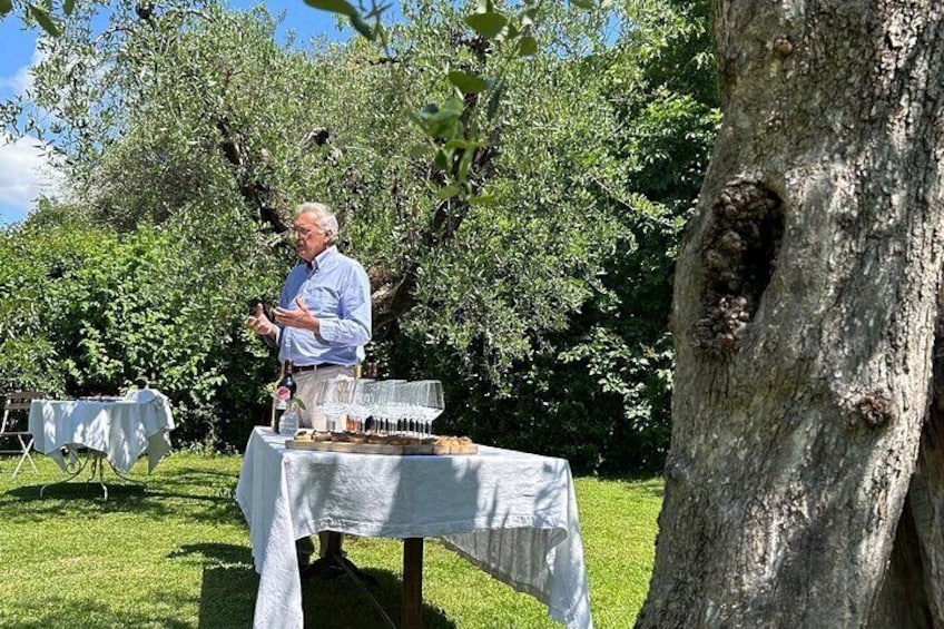 A man standing by a table with bottles, outdoors under a tree. 2