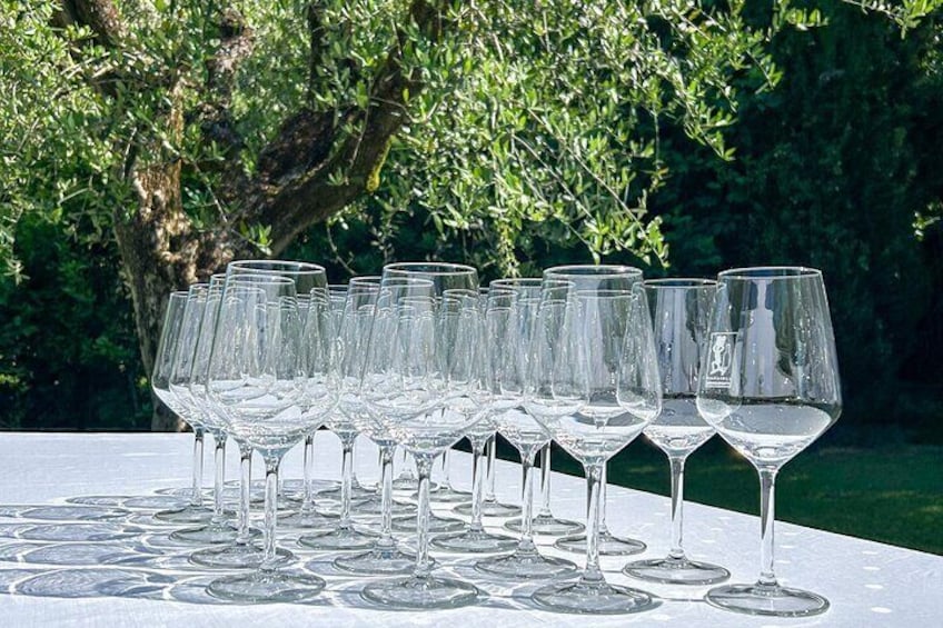 A row of empty wine glasses on a table outdoors. 3