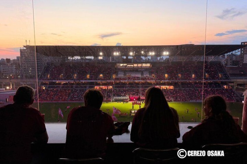 A stadium with spectators seated in the stands, a soccer field, and a sunset sky. 5