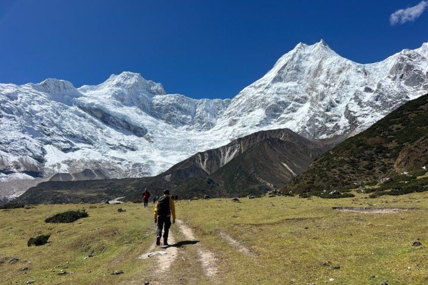 A mountainous landscape with a snow-capped peak, a clear sky, and a person walking on a dirt path. 4