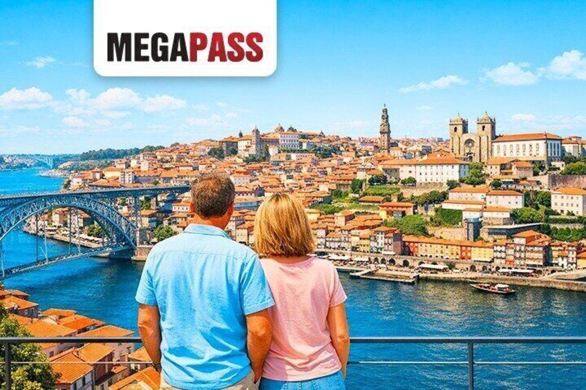 A couple overlooking a cityscape with a prominent bridge and historic buildings. 1