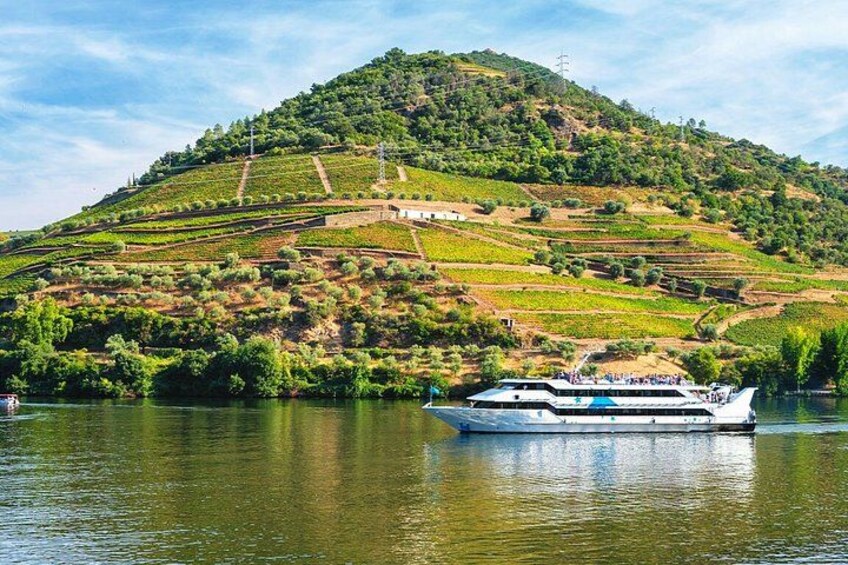 A river with a boat, a hilly landscape with vineyards, and a clear sky. 3