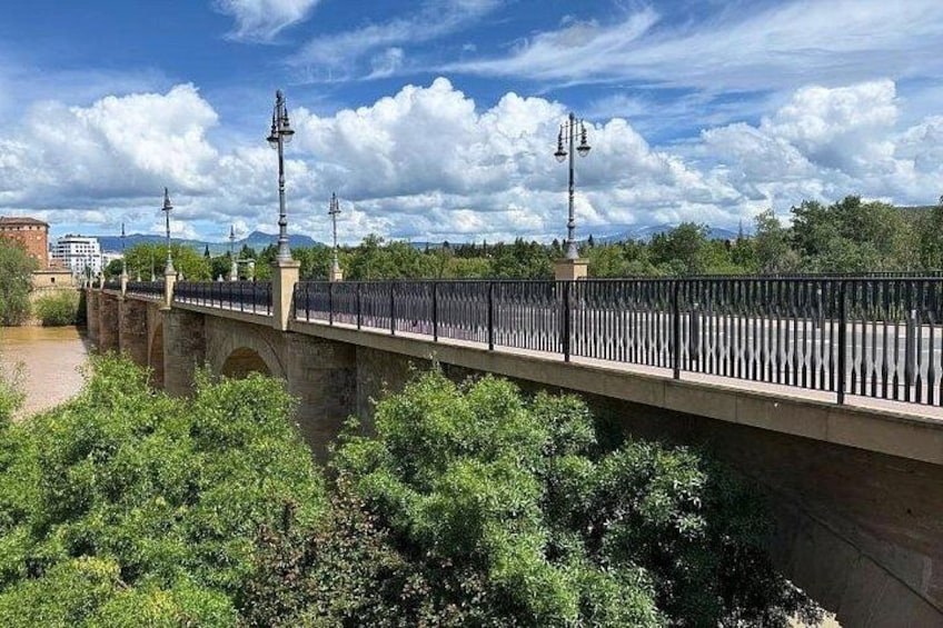 A stone bridge with metal railings, surrounded by greenery and a clear sky. 4