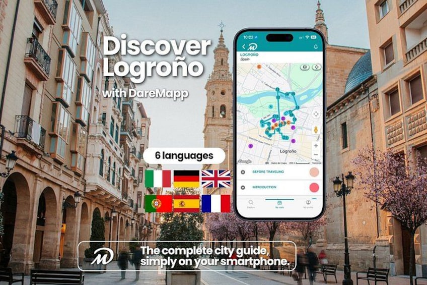 A smartphone displaying a map with the title 'Discover Logroño with DareMapp' and flags of six languages. 1