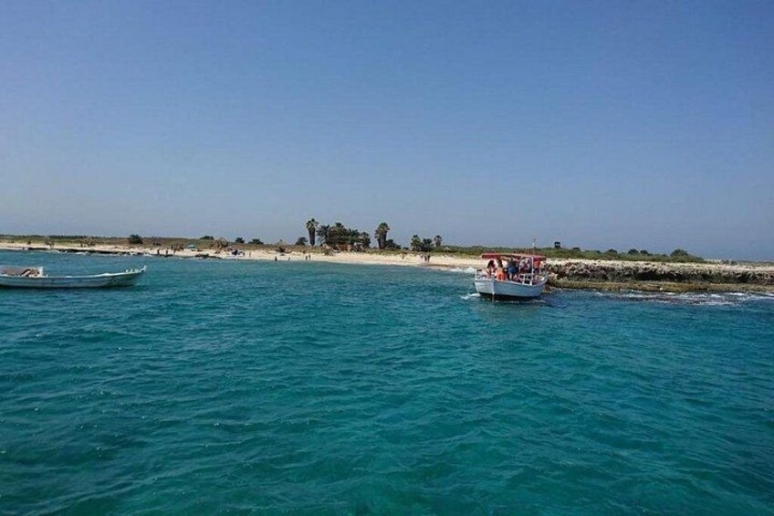A boat on turquoise water, a sandy beach, and palm trees in the distance. 2