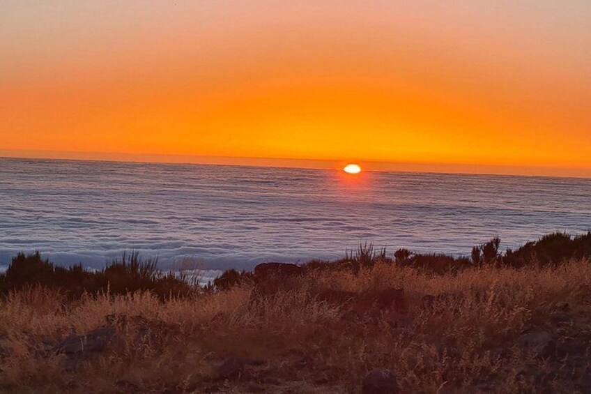A sunset over the ocean with waves and a grassy foreground. 1
