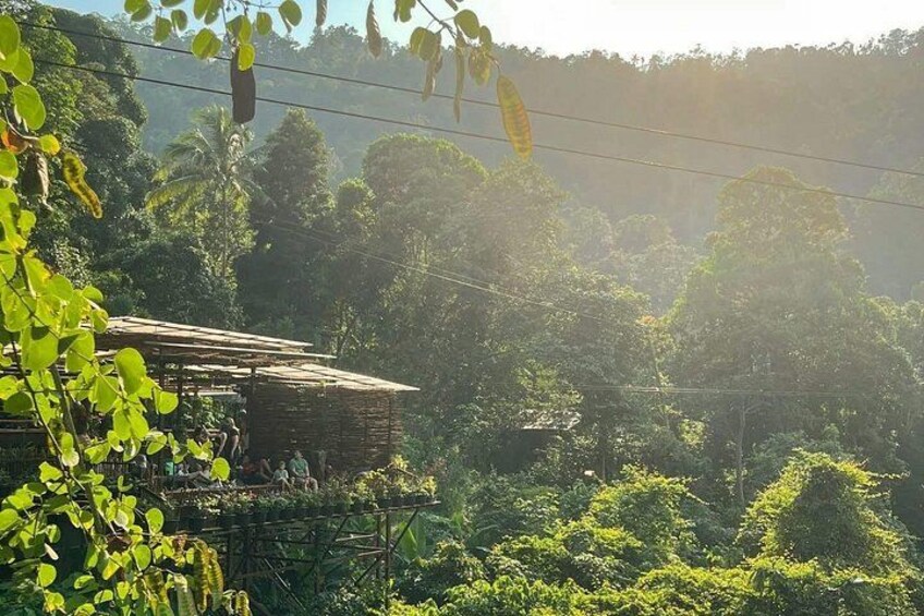 A rural landscape with a thatched-roof structure, dense greenery, and a hilly backdrop. 4