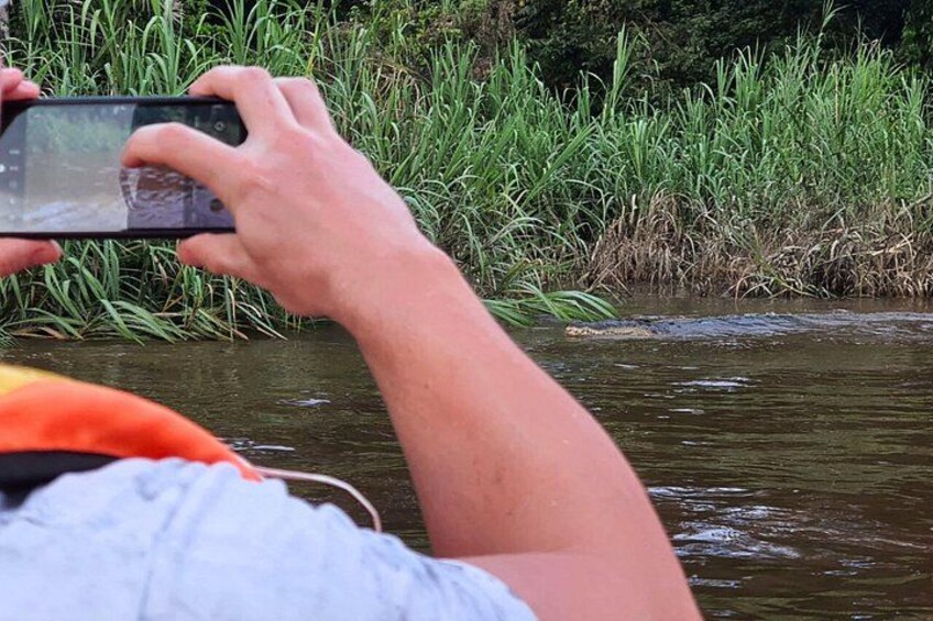 A person taking a photo with a smartphone near a body of water with vegetation in the background. 5