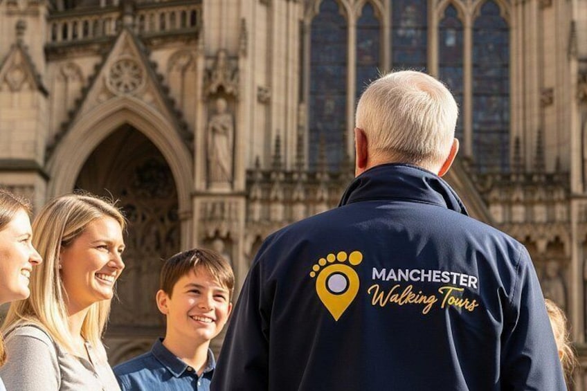 Eine Person trägt eine Jacke von Manchester Walking Tours mit einem Standort-Pin-Logo. 3