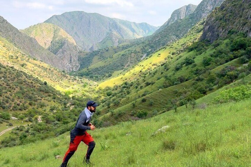 A hiker in a mountainous landscape with green hills and rocky terrain. 4