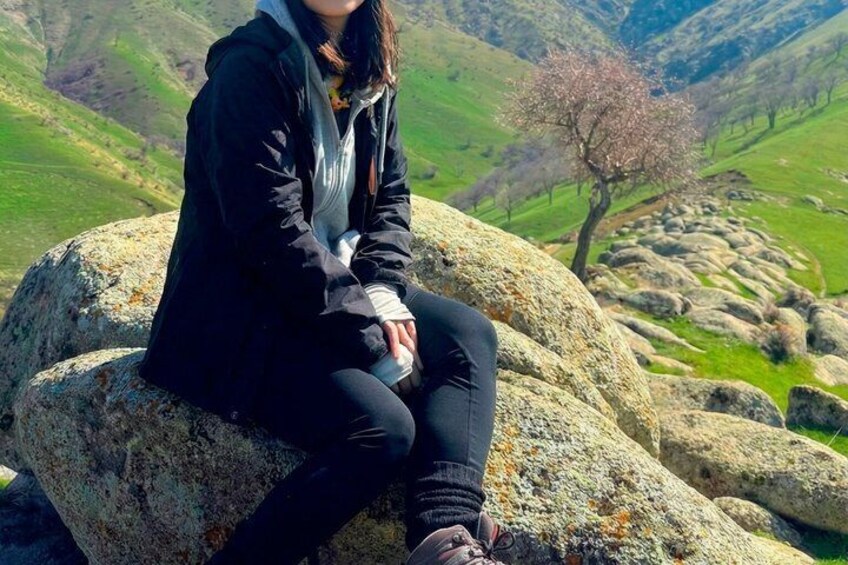 A person sitting on a large rock with a mountainous landscape in the background. 5