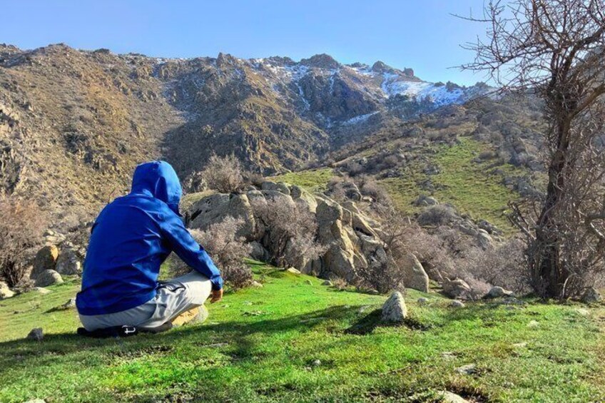A person sitting on a grassy hill overlooking a mountainous landscape with rocky outcrops and sparse vegetation. 2