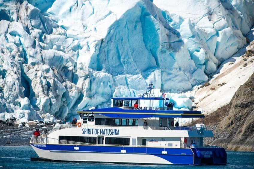 A boat named 'Spirit of Matsushima' near a glacier. 2