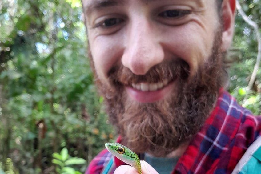 A person holding a small snake. 4