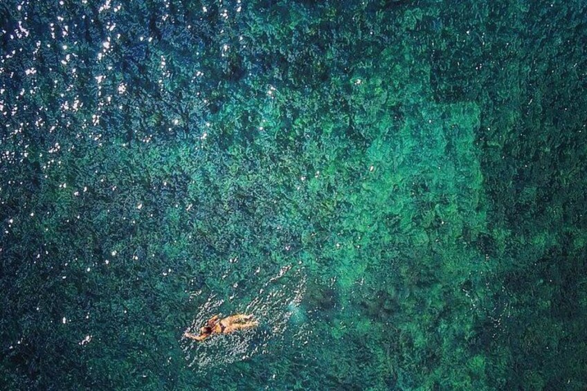 A person swimming in a body of water with a greenish hue. 5