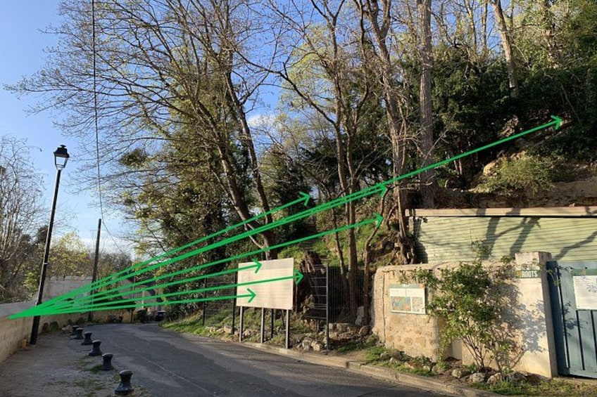 Una carretera con flechas direccionales, un poste de luz, árboles y un edificio con un letrero. 5