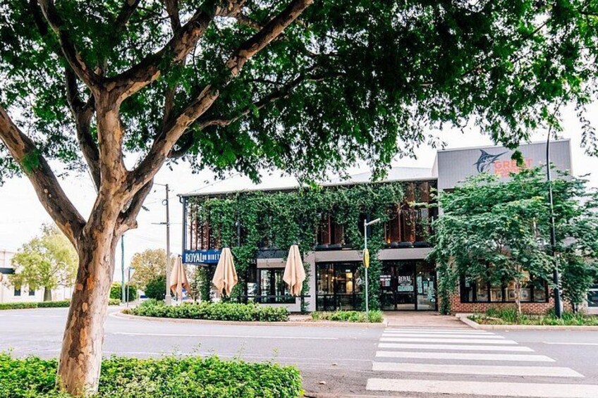 Ein Gebäude mit Schaufenster, Baum und Fußgängerüberweg. 2