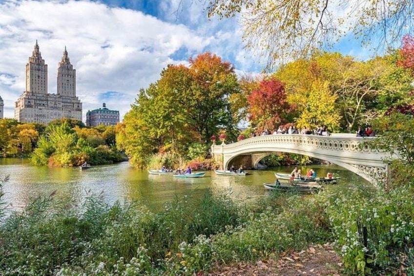 A river with boats, a bridge, trees, and buildings in the background. 3