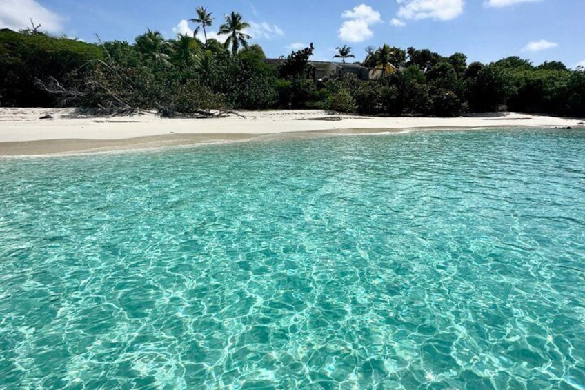 A clear turquoise sea, white sandy beach, and dense green foliage with palm trees. 3