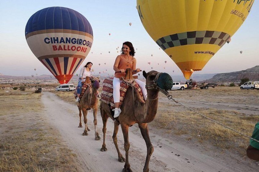 A desert landscape with camels and hot air balloons. 5