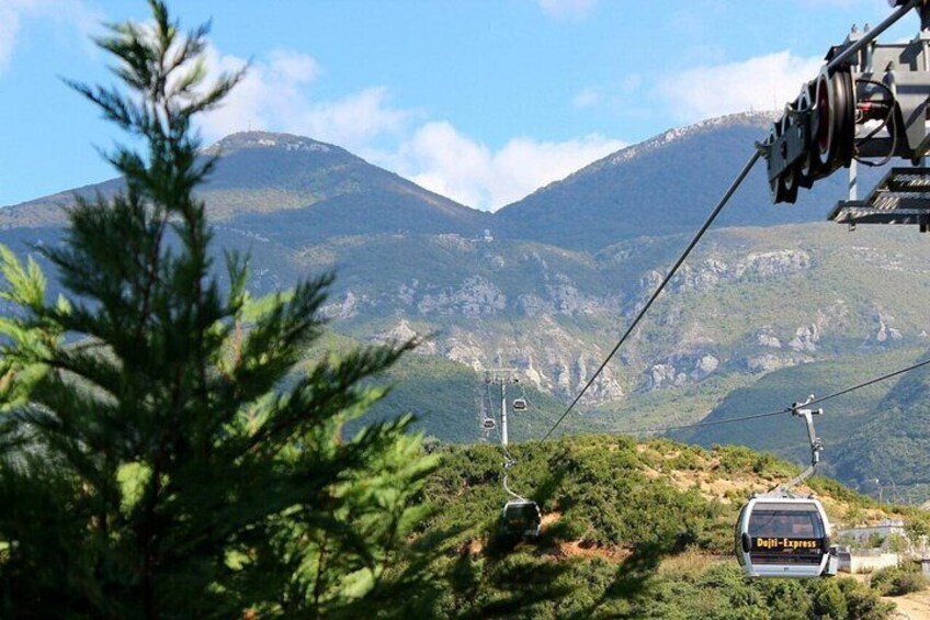 A cable car system with a 'Digi-Express' sign, a mountain landscape, and a pine tree in the foreground. 1