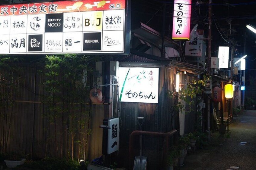 A narrow street at night with illuminated signs and a bamboo fence. 1