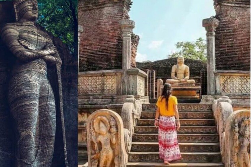 Una gran estatua de piedra y una persona subiendo escaleras hacia una estatua sentada. 1