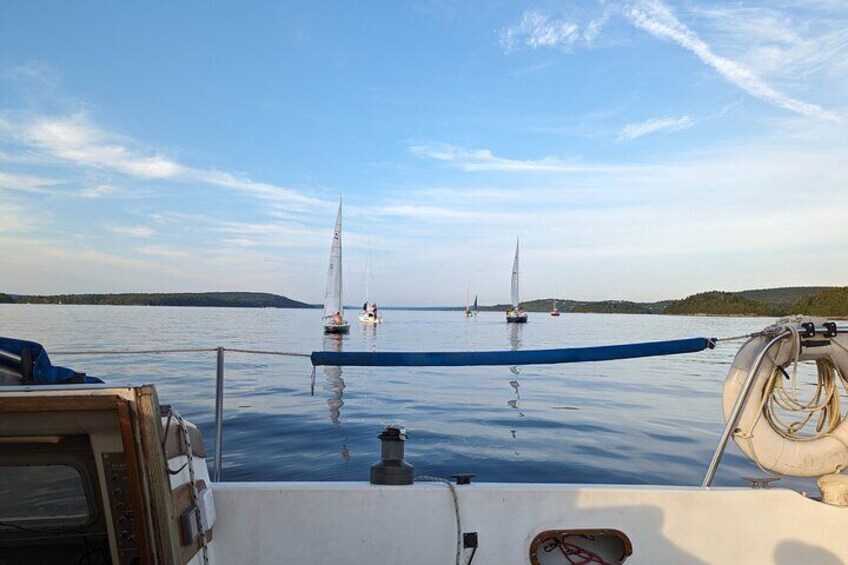 A calm lake with sailboats and a dock. 5