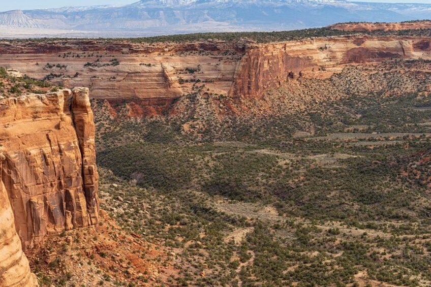 Een canyonlandschap met gelaagde rotsformaties en schaarse begroeiing. 2