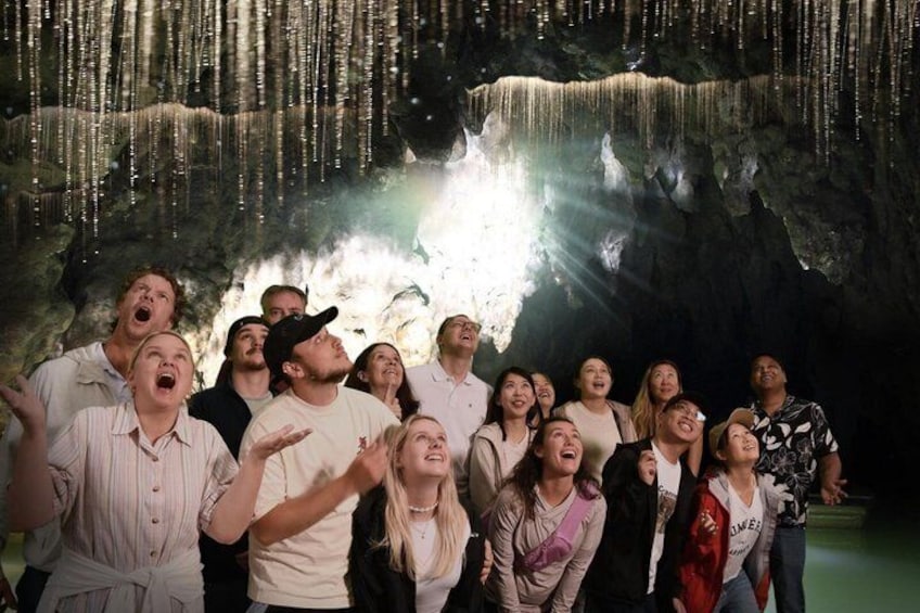 Eine Gruppe von Menschen in einer Höhle mit herabhängenden Stalaktiten und einer Lichtquelle. 3