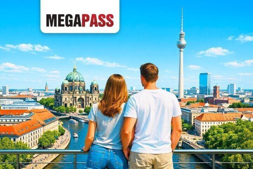 A couple overlooking a cityscape with landmarks like a dome and a tower. 1