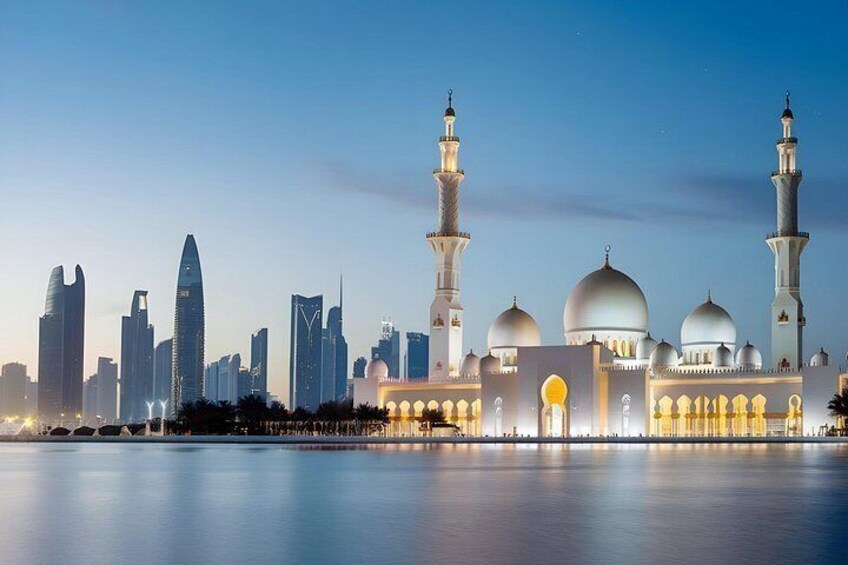 A city skyline with modern skyscrapers and a mosque with two minarets and domes. 2