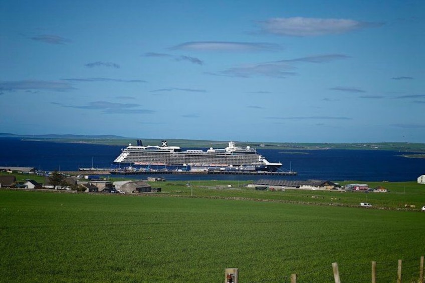 A large cruise ship docked at a port with a grassy landscape and the ocean in the background. 2