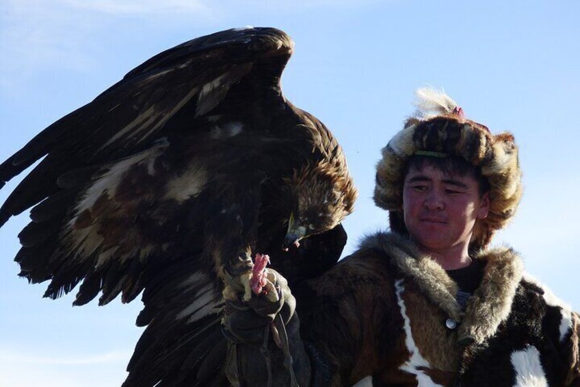 A person holding a large bird of prey, likely an eagle, with a fur hat. 4