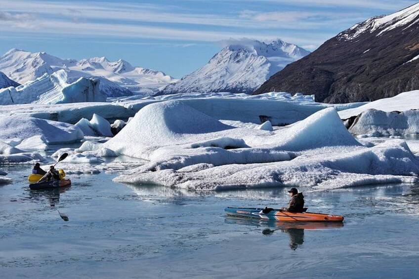 Kayakers on a glacier with icebergs and mountains in the background. 3