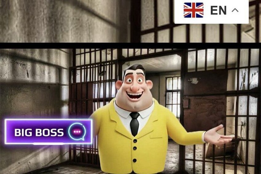 Un personnage de dessin animé, vêtu d’un costume jaune, se tient dans une cellule de prison, derrière des barreaux. 3