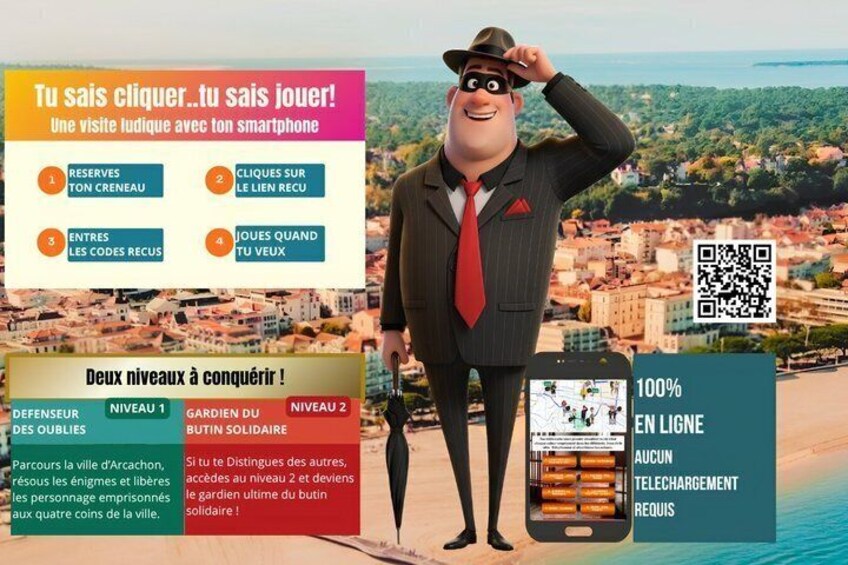 Una persona con traje de negocios de pie junto a un teléfono inteligente con un código QR, con un paisaje urbano al fondo. 2