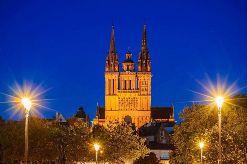 En katedral med to tårne, omgivet af træer og gadelys. 4