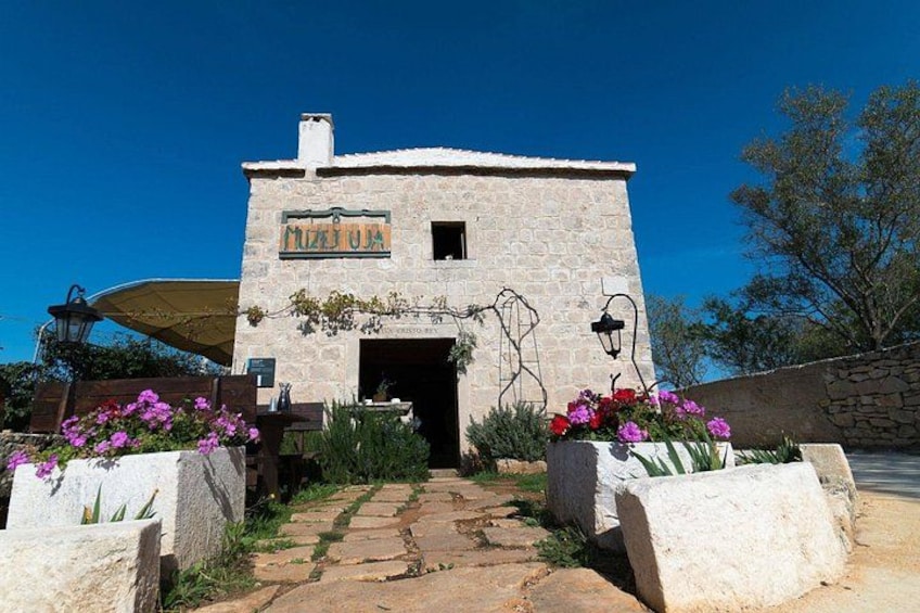 A stone building with a sign reading 'Cruz Azul' and a pathway leading to it. 3