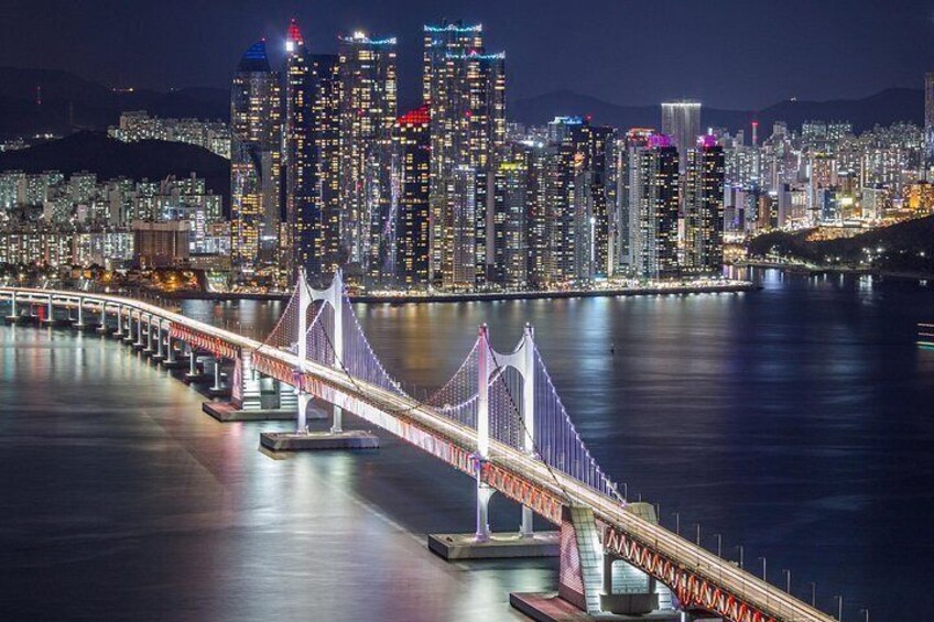 A suspension bridge over a body of water with a city skyline in the background. 3