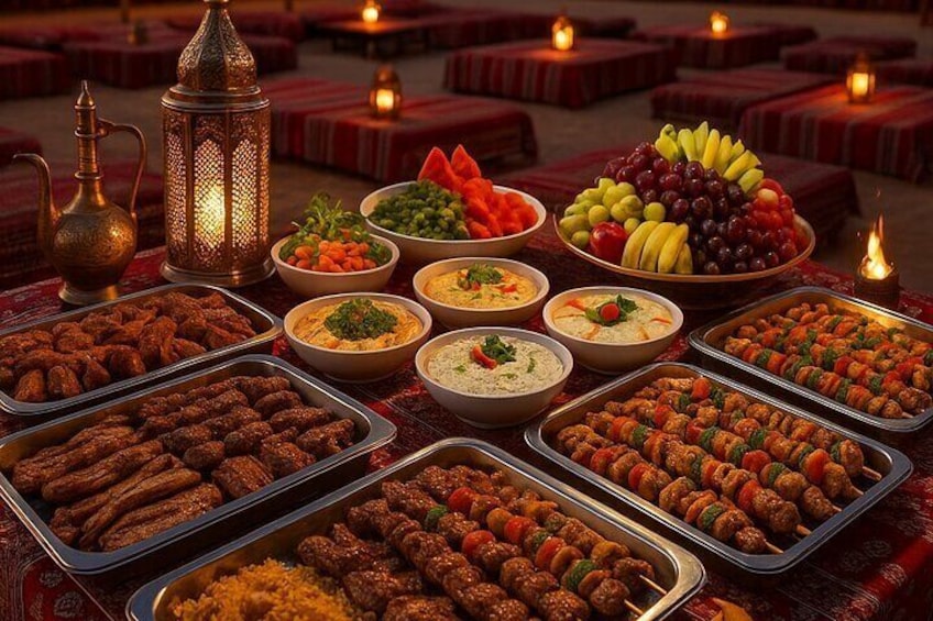 A table with various dishes and a lantern. 2