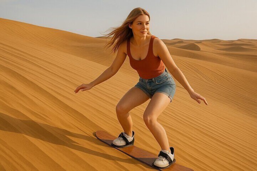 A person snowboarding down a sand dune. 3