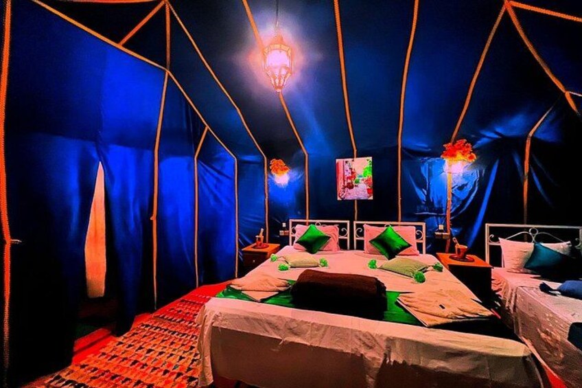 Una habitación con tienda de campaña, una cama, almohadas y un cuadro en la pared. 3