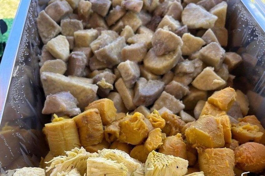 A container filled with variously sized chunks of dried meat. 5