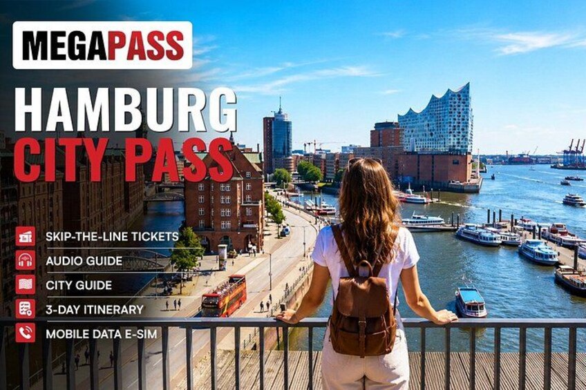 A city pass for Hamburg with a view of the river and boats. 1