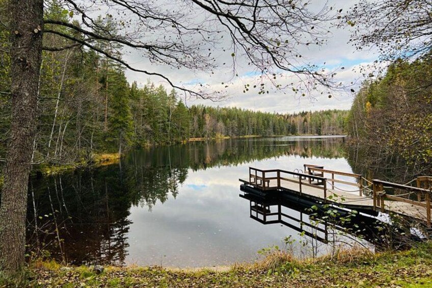 A serene lake with a wooden dock extending into the water, surrounded by dense trees and a clear sky. 4