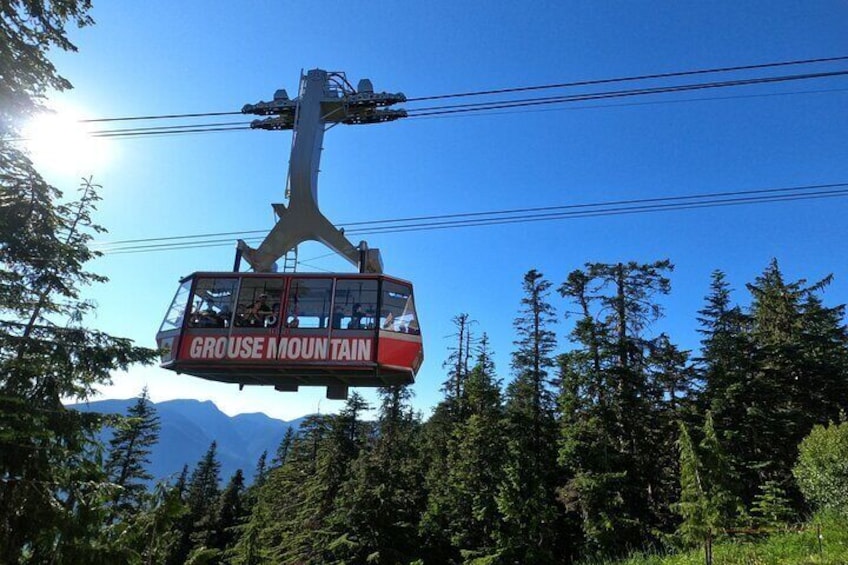 A cable car labeled "Grouse Mountain" suspended between two towers. 1